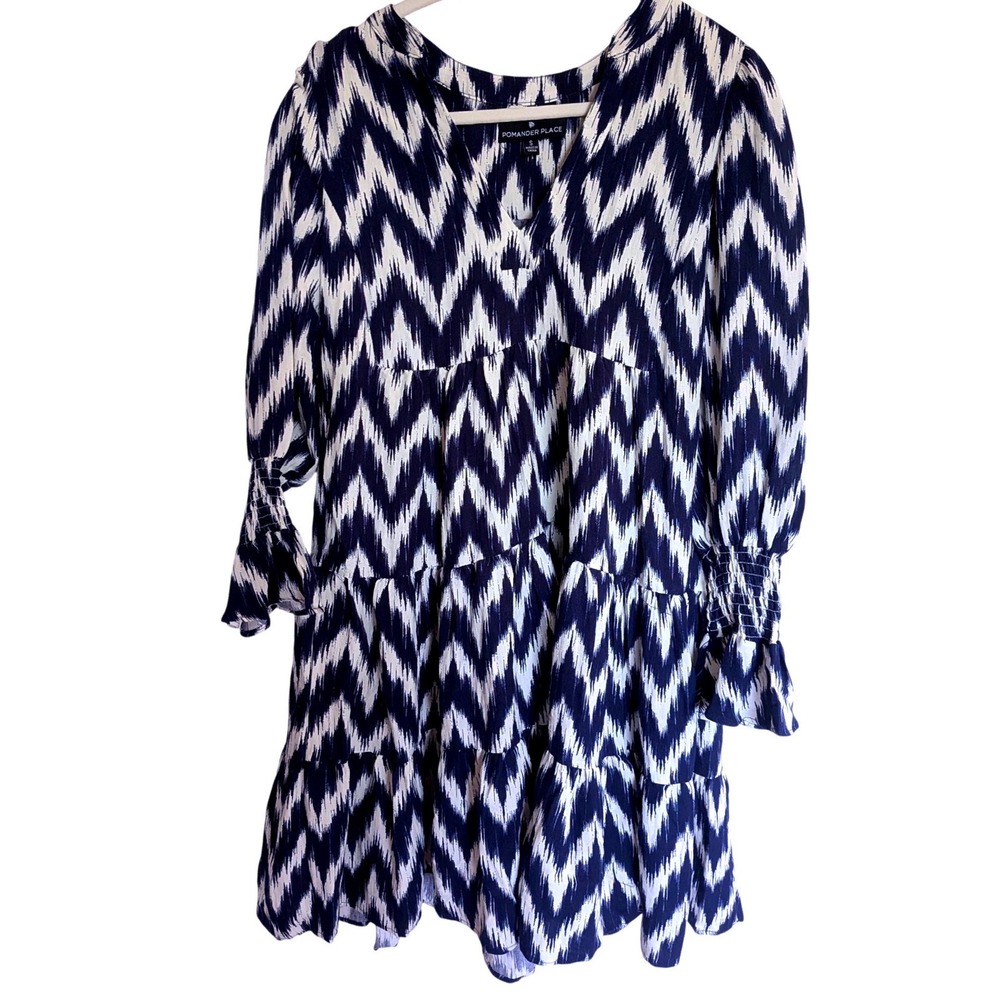 TUCKERNUCK Pomander Place Navy Kenzo Ikat Mini Dress Smocked Sleeve SMALL